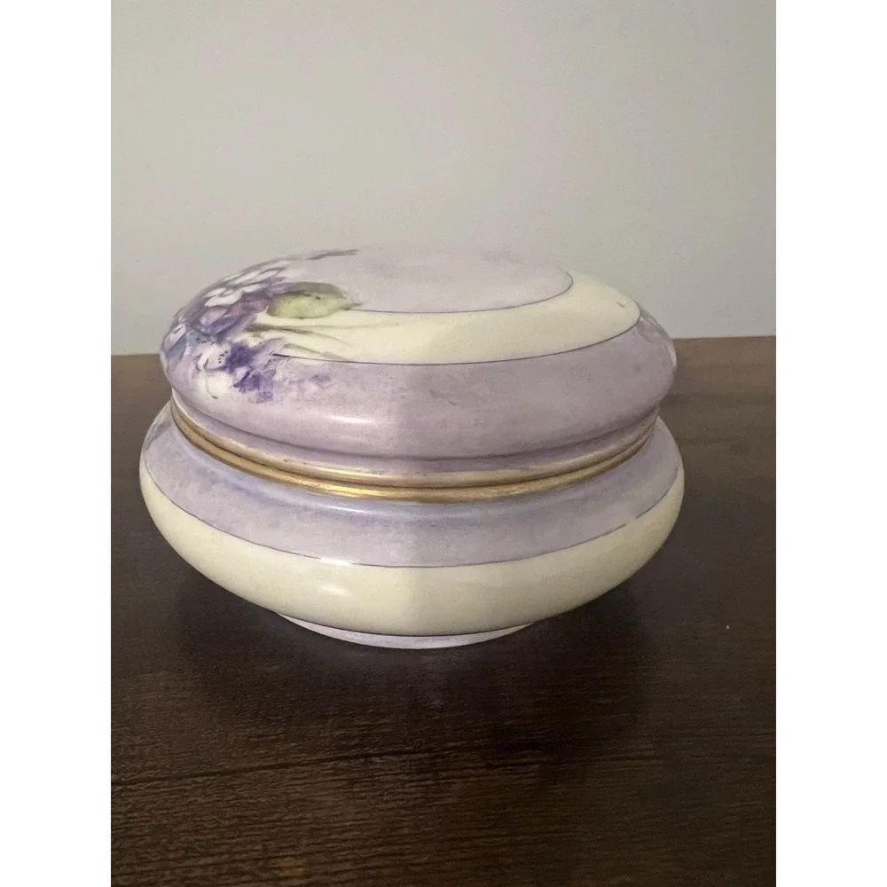 Vintage Hand Painted Porcelain Powder Jar Violet Flowers Gold Trim Vanity Box